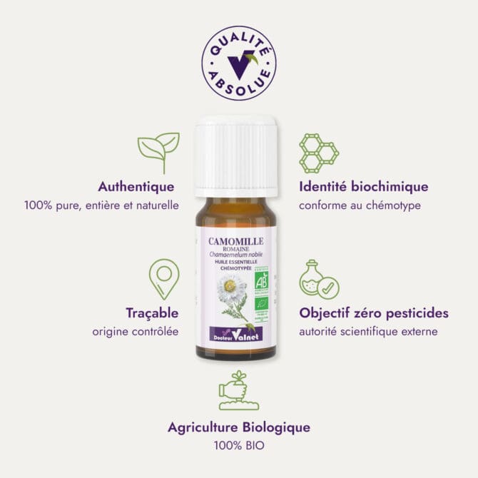 Huile essentielle de camomille romaine du Dr Valnet (10ml). Qualité Absolue Docteur Valnet. 100% pure, entière et naturelle. Agriculture Biologique. 100% BIO. Identité biochimique : conforme au chémotype. Objectif zéro pesticides.