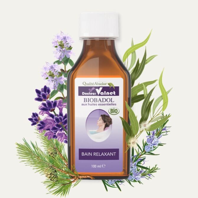 Biobadol, le bain relaxant à base d'huiles essentielles 100% bio du Docteur Valnet. Flacon de 100 ml