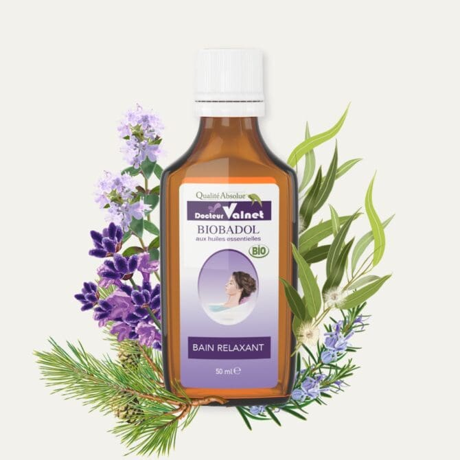 Biobadol, le bain relaxant à base d'huiles essentielles 100% bio du Docteur Valnet. Flacon de 50 ml