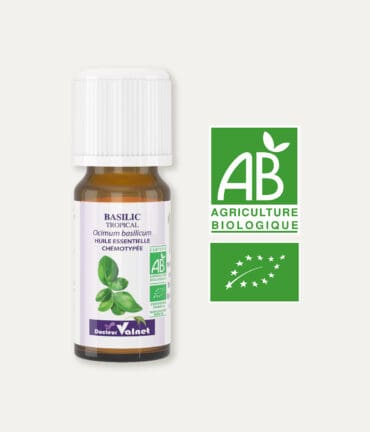 Huile essentielle de basilic tropical 100% BIO, certifiée label AB, Agriculture Biologique.