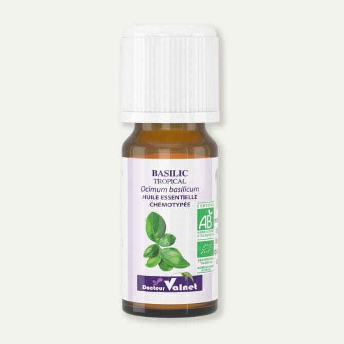 Flacon 10 ml d'huile essentielle de basilic tropical. Certifiée label AB, Agriculture Biologique.