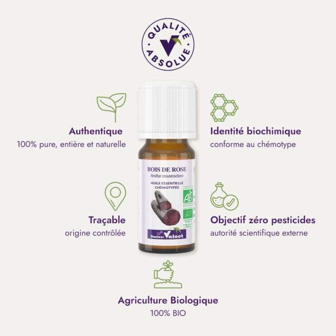 Huile essentielle de bois de rose du Dr Valnet (10ml). Qualité Absolue Docteur Valnet. 100% pure, entière et naturelle. Agriculture Biologique. 100% BIO. Identité biochimique : conforme au chémotype. Objectif zéro pesticides.