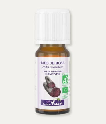 Flacon 10 ml d'huile essentielle de bois de rose. Certifiée label AB, Agriculture Biologique.