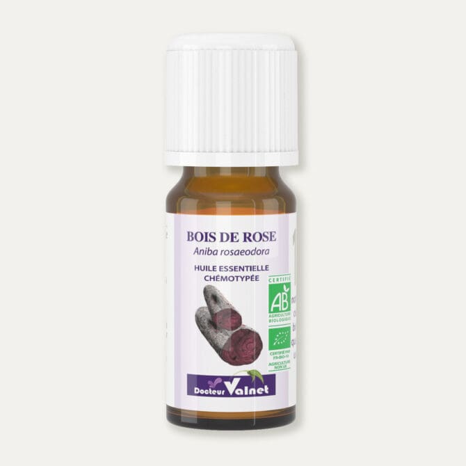 Flacon 10 ml d'huile essentielle de bois de rose. Certifiée label AB, Agriculture Biologique.