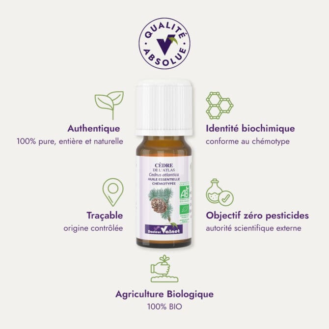 Huile essentielle de cèdre de l'atlas du Dr Valnet (10ml). Qualité Absolue Docteur Valnet. 100% pure, entière et naturelle. Agriculture Biologique. 100% BIO. Identité biochimique : conforme au chémotype. Objectif zéro pesticides.