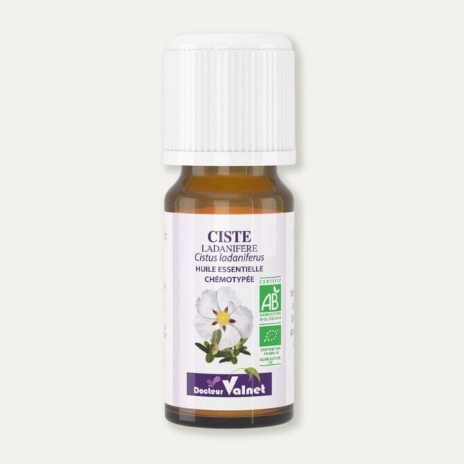 Flacon 10 ml d'huile essentielle de ciste ladanifère. Certifiée label AB, Agriculture Biologique.