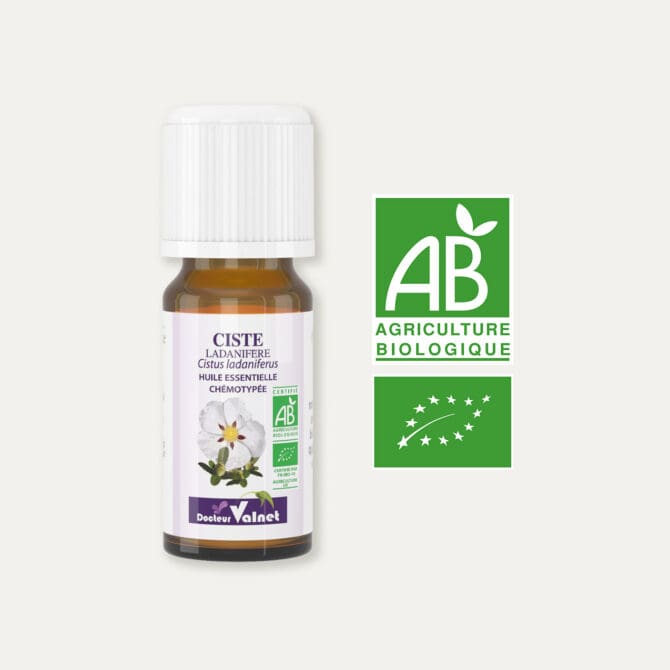 Huile essentielle de ciste ladanifère 100% BIO, certifiée label AB, Agriculture Biologique.