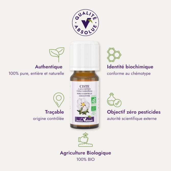 Huile essentielle de ciste ladanifère du Dr Valnet (10ml). Qualité Absolue Docteur Valnet. 100% pure, entière et naturelle. Agriculture Biologique. 100% BIO. Identité biochimique : conforme au chémotype. Objectif zéro pesticides.