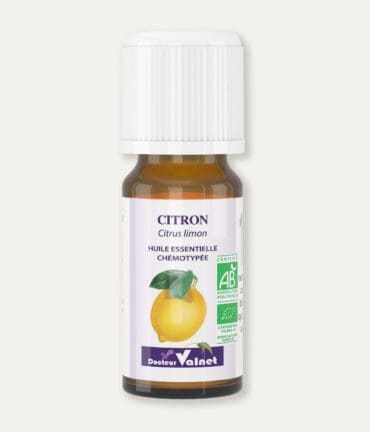 Flacon 10 ml d'huile essentielle de citron. Certifiée label AB, Agriculture Biologique.