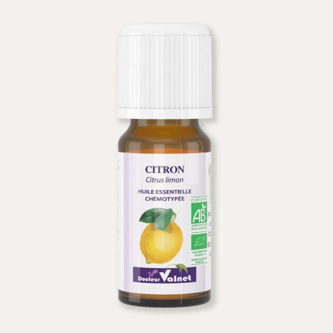 Flacon 10 ml d'huile essentielle de citron. Certifiée label AB, Agriculture Biologique.