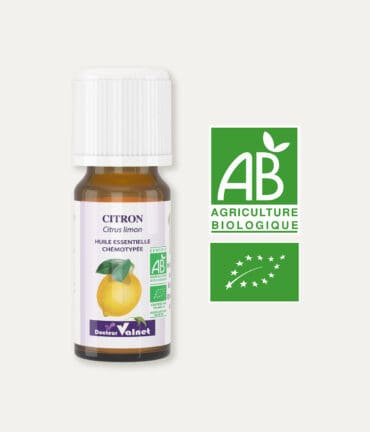 Huile essentielle de citron 100% BIO, certifiée label AB, Agriculture Biologique.
