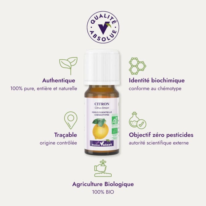 Huile essentielle de citron du Dr Valnet (10ml). Qualité Absolue Docteur Valnet. 100% pure, entière et naturelle. Agriculture Biologique. 100% BIO. Identité biochimique : conforme au chémotype. Objectif zéro pesticides.
