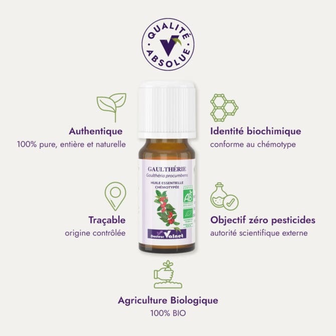 Huile essentielle de gaulthérie du Dr Valnet (10ml). Qualité Absolue Docteur Valnet. 100% pure, entière et naturelle. Agriculture Biologique. 100% BIO. Identité biochimique : conforme au chémotype. Objectif zéro pesticides.