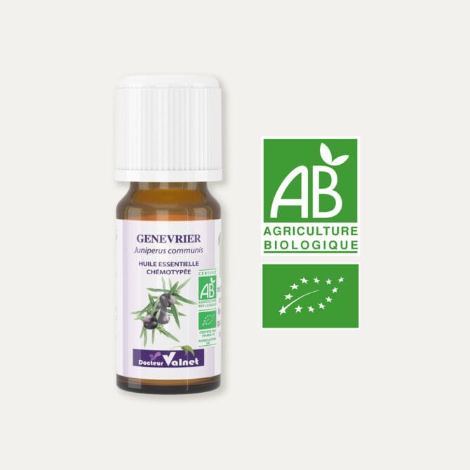 Huile essentielle de genévrier 100% BIO, certifiée label AB, Agriculture Biologique.