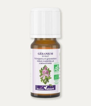 Flacon 10 ml d'huile essentielle de géranium rosat Certifiée label AB, Agriculture Biologique.