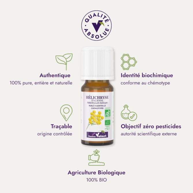 Huile essentielle d'hélichryse italienne du Dr Valnet (10ml). Qualité Absolue Docteur Valnet. 100% pure, entière et naturelle. Agriculture Biologique. 100% BIO. Identité biochimique : conforme au chémotype. Objectif zéro pesticides.