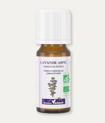Flacon 10 ml d'huile essentielle de lavande aspic. Certifiée label AB, Agriculture Biologique.