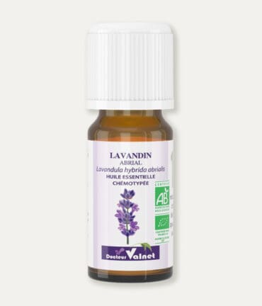 Flacon 10 ml d'huile essentielle de lavandin abrial. Certifiée label AB, Agriculture Biologique.