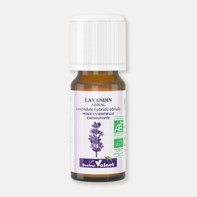 Flacon 10 ml d'huile essentielle de lavandin abrial. Certifiée label AB, Agriculture Biologique.
