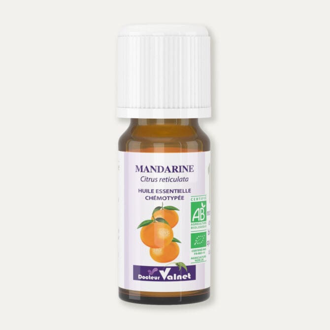 Flacon 10 ml d'huile essentielle de mandarine. Certifiée label AB, Agriculture Biologique.