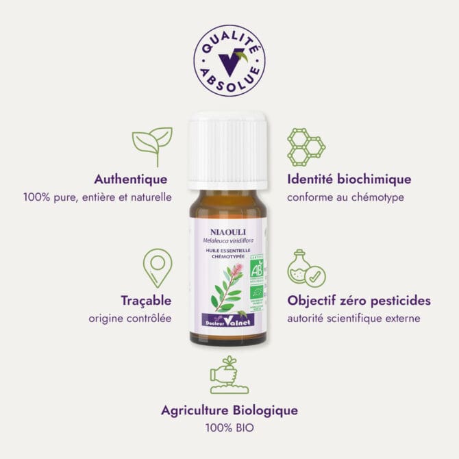 Huile essentielle de niaouli du Dr Valnet (10ml). Qualité Absolue Docteur Valnet. 100% pure, entière et naturelle. Agriculture Biologique. 100% BIO. Identité biochimique : conforme au chémotype. Objectif zéro pesticides.