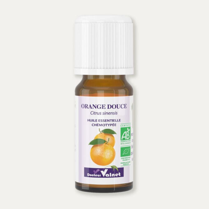 Flacon 10 ml d'huile essentielle d'orange douce. Certifiée label AB, Agriculture Biologique.