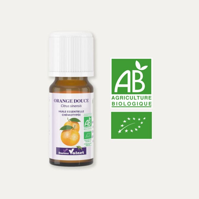 Huile essentielle d'orange douce 100% BIO, certifiée label AB, Agriculture Biologique.