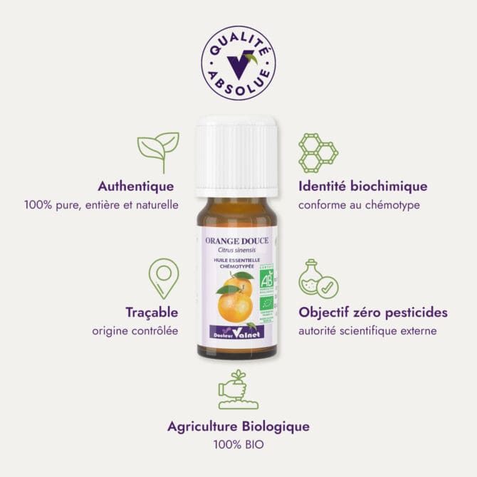 Huile essentielle d'orange douce du Dr Valnet (10ml). Qualité Absolue Docteur Valnet. 100% pure, entière et naturelle. Agriculture Biologique. 100% BIO. Identité biochimique : conforme au chémotype. Objectif zéro pesticides.