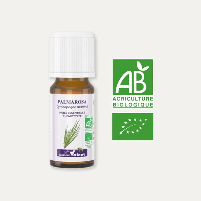 Huile essentielle de palmarosa 100% BIO, certifiée label AB, Agriculture Biologique.