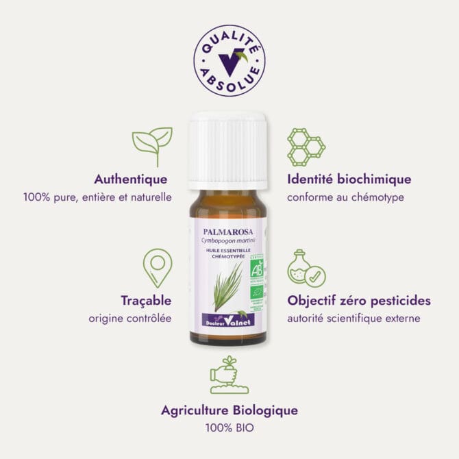 Huile essentielle de palmarosa du Dr Valnet (10ml). Qualité Absolue Docteur Valnet. 100% pure, entière et naturelle. Agriculture Biologique. 100% BIO. Identité biochimique : conforme au chémotype. Objectif zéro pesticides.