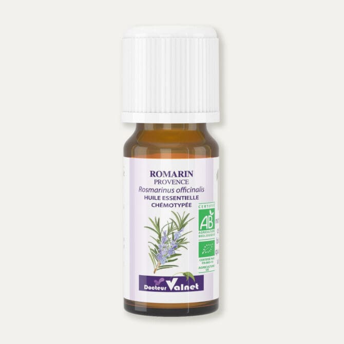 Flacon 10 ml d'huile essentielle de romarin de provence. Certifiée label AB, Agriculture Biologique.