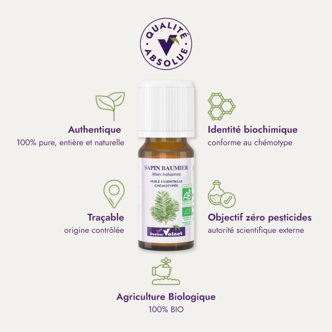 Huile essentielle de sapin baumier du Dr Valnet (10ml). Qualité Absolue Docteur Valnet. 100% pure, entière et naturelle. Agriculture Biologique. 100% BIO. Identité biochimique : conforme au chémotype. Objectif zéro pesticides.