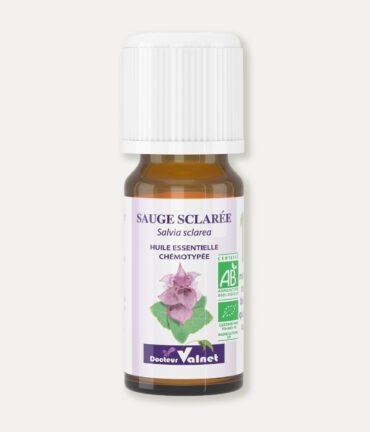 Flacon 10 ml d'huile essentielle de sauge sclarée. Certifiée label AB, Agriculture Biologique.