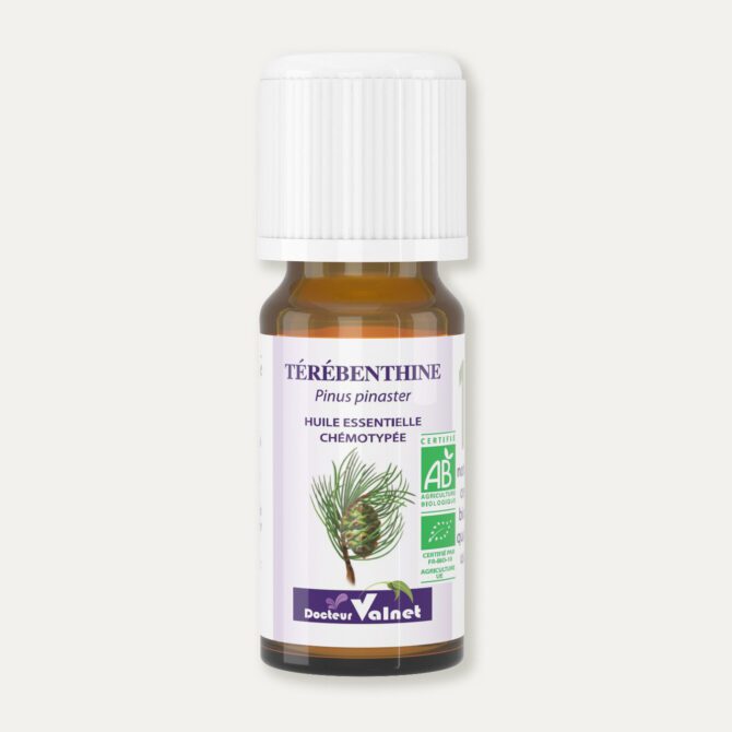 Flacon 10 ml d'huile essentielle de térébenthine. Certifiée label AB, Agriculture Biologique.