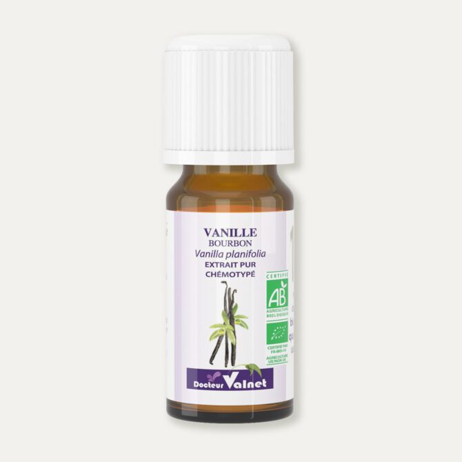 Flacon 10 ml d'huile essentielle de vanille bourbon. Certifiée label AB, Agriculture Biologique.